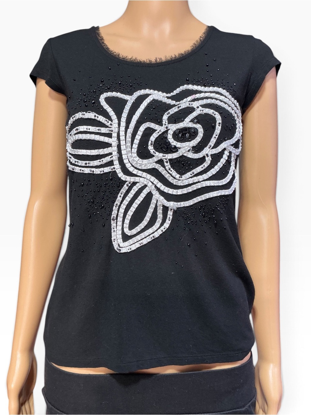 Black Short-Sleeve Tee with White Beaded Floral Motif